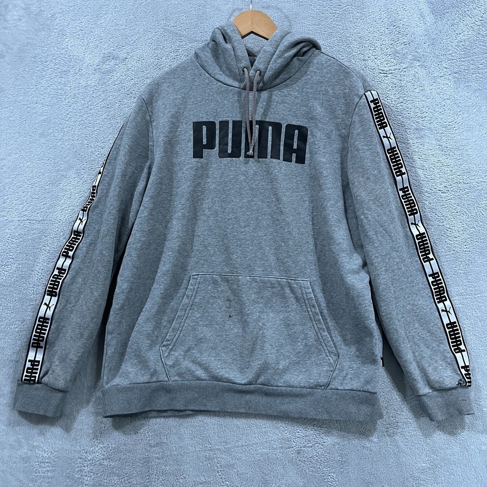 Puma Logo Tape Hoodie Men Large Heather Gray Cotton Kangaroo Pocket Fleece Lined